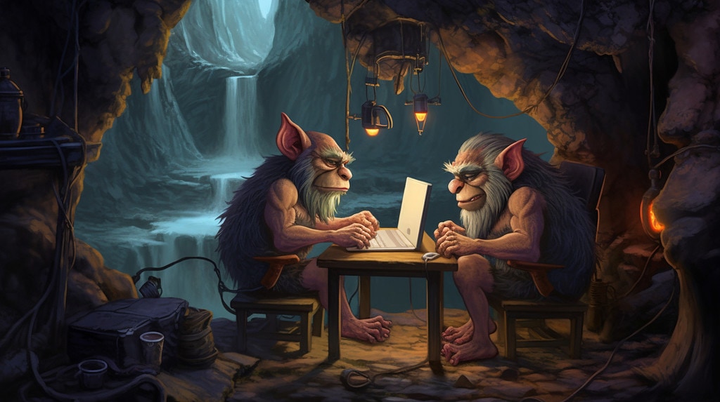 Zwei Trolle in einer Höhle über den Laptop gebeugt