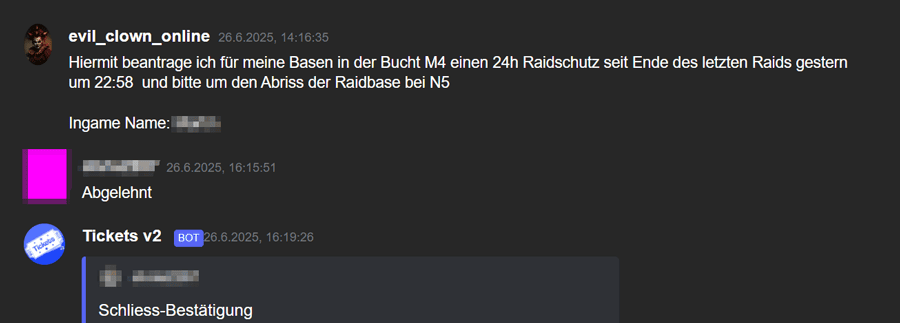 Raidschutz gemäß der Server-Regeln? Abgtelehnt und Ticket geschlossen