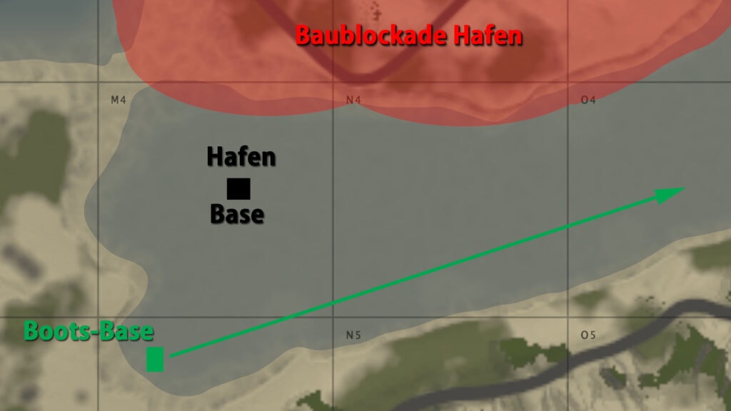 Fast ein Grid Abstand zwischen den beiden kleinen Basen | Grün: Evil Clowns Bootsbase und Fahrrinne für die Boote.
Schwarz: Base des Hafen-Teams, dichter am Hafen Monument