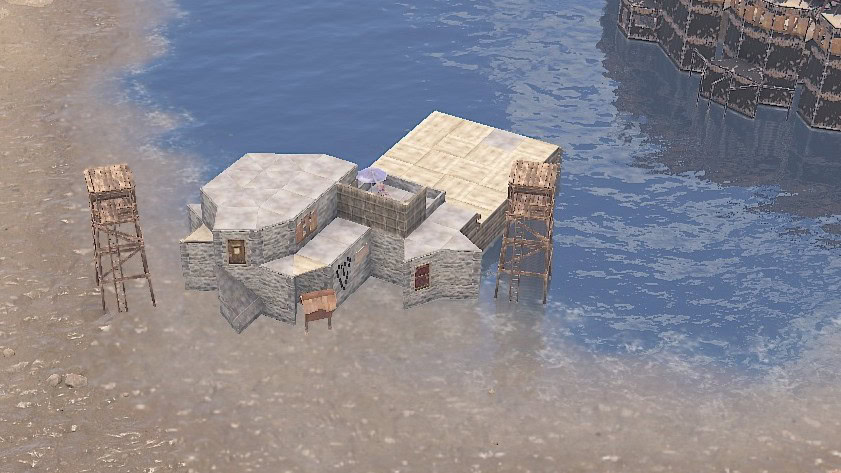 Der Holz-Teil zum Fischen. Der Stein-Metall-Teil als Schutz für den TC vor angekündigten "3 Kisten Rockets".
Zwischen Fischfarm und Hafenbase: genug Platz für ein Tugboot.